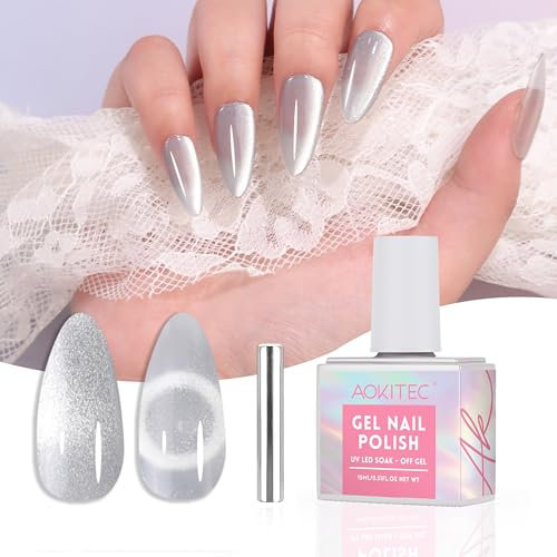 Aokitec Cat Eye Gel Nail Polish: 15ml Magnetic Gel Polish with Magnet Soak Off Holographic UV LED Nail Lamp Halo Gel Polish Silver Shimmer Gel Nail Polish Nail Art Manicure Salon DIY Gift for Women