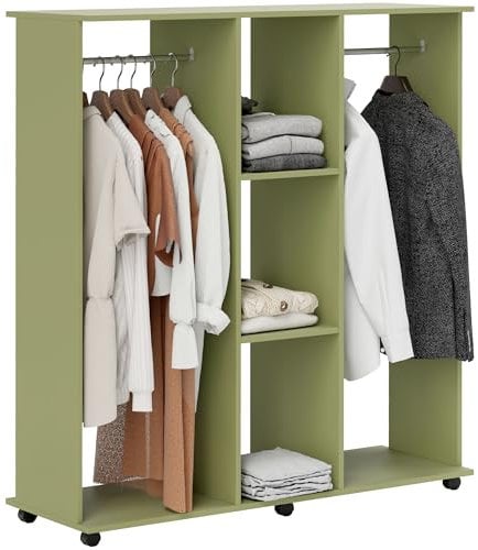HOMCOM Double Open Wardrobe on Wheels, Bedroom Wardrobe with Clothes Hanging Rails, 3 Storage Shelves, Mobile Garment Rack for Cloakroom, Hallway, Green