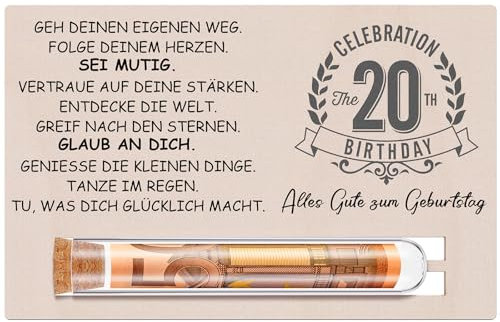 Otuuz Geldgeschenke 20. Geburtstag Geschenk für Mädchen Jungen Geschenkset Enthält Holzkarte zum 20. Geburtstag und Reagenzglas Geburtstag Geld Gutschein Verpackung Geschenkverpackung