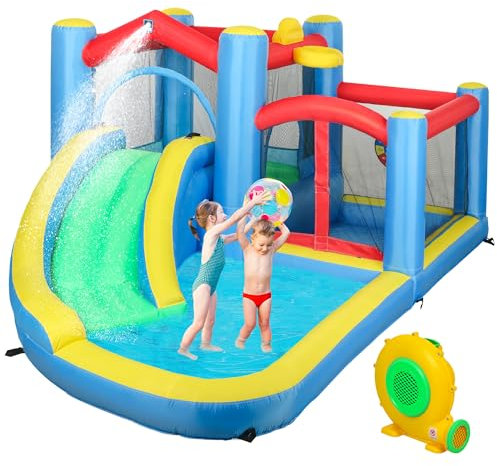 AIYAPLAY Castillo Hinchable con Soplador 5 en 1 Parque Acuático Hinchable para Niños con Tobogán Piscina Diana y Canasta para Exterior Interior 385x290x180 cm