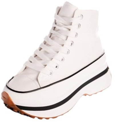 Toocool Zapatillas deportivas de mujer con cordones planos y plataforma de cuña de tela gruesa LA831, Color blanco., 38 EU