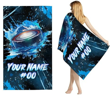 GiftRomance Personalisiertes Eishockey Strandtuch mit Namen – 100x180 cm Mikrofaser Sandfrei Handtuch für Männer Frauen Erwachsene – Individuelles Sport Geschenk
