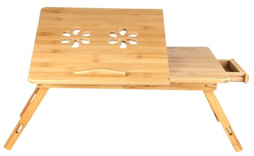Table de lit Pliable et réglable, Plateau pour Ordinateur Portable avec Plateau inclinable, tiroir, Bureau de lit en Bambou,Support d'Ordinateur (66 * 35 * 30cm-2)