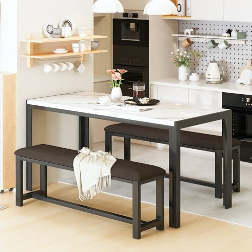 HOOSENG Dining Table Set with 2 Benches, Dining Room Table and PU Leather Benches for 4, Corner Dinner Table(120 * 70 * 78.5 cm) and Kitchen Bench(104 * 29 * 47 cm) for Home Furniture