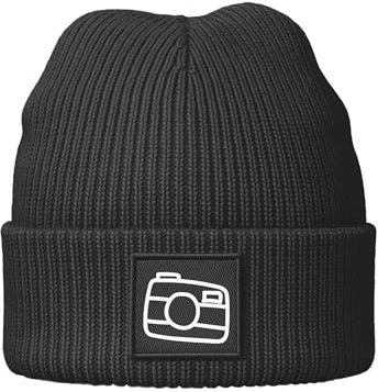 Neverless® Herren Mütze Beanie Patch Logo Kamera Geschenk Fotograf Wintermütze Aufdruck Print Strickmütze Rippstrick