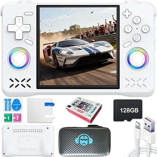 Console di gioco portatile XF40H, 128 GB di memoria interna con 22.000 giochi, batteria da 4000 mAh, sistema Linux, schermo IPS da 4 pollici e custodia (bianco, 128G)