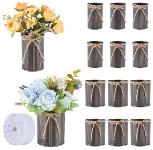 DELORIGIN 13pcs Galvanized Flower Vase 2 Styles Column Iron Planters with Hemp Rope and 10M Lace Trim Rustic Flower Buckets Farmhouse Wedding Decor Centerpiece Tin Vase for Artificial Flowers(Black)
