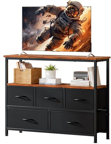 Taotigzu TV Stand with 5 Fabric Drawers,TV Cabinet for TVs up to 65”(Black) | Metal Frame and Wooden Top,Industrial Style,100cm Wide,Media Unit for Living Room,Entertainment Centre with Storage