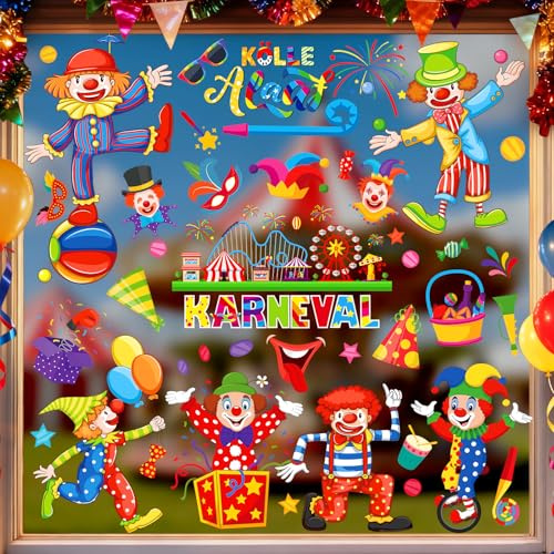Fensterbilder Selbstklebend Fasching, Fenster Deko Karneval Fensterbilder Clown, Statisch Haftende Zirkus Deko Fensterbild Karneval Wiederverwendbar Kinderzimmer Fensterdeko (100A)