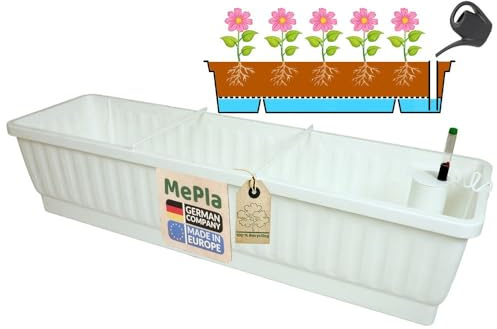 MePla - XXL Balkonkasten Venezia 100 cm Weiss mit Wasserspeicher incl. Wasserstandsanzeiger – Made in Germany – langlebig, selbstbewässernd und direkt bepflanzbar