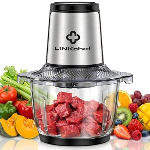 LINKChef Tritatutto Elettrico 1,5L Vetro, 2 Velocità, Lame in Acciaio Inox a 3 Livelli – Mini Robot da Cucina per Carne, Verdure, Frutta, Noci e Alimenti per Bambini