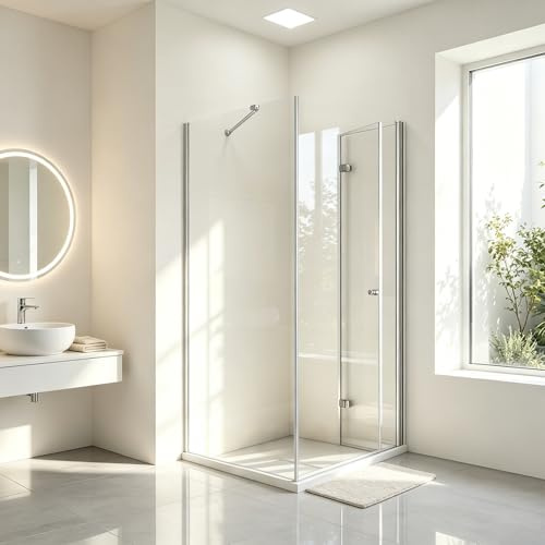 BOOSLOON Duschkabine Eckeinstieg 90x90x185 cm mit Falttür und Seitenwand – Eckdusche Duschabtrennung aus 6 mm ESG Sicherheitsglas, Hebe-Senk-Pivot-System, für kleine Bäder, ohne Duschwanne