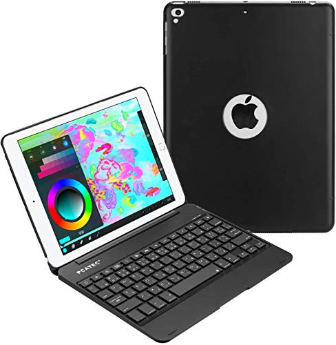 PCATEC Funda para teclado para iPad 9.7 2018/2017, funda con función atril, funda inalámbrica con Bluetooth para teclado con apagado y encendido automático (para iPad 9.7/iPad5, color negro)