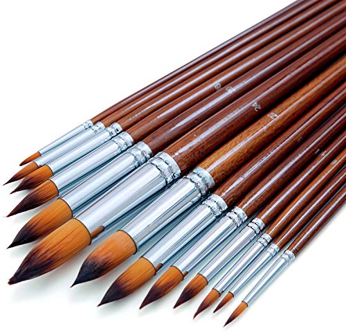 Aquarell-Pinsel-Set für Künstler, rund, spitz, weich, fusselfrei, Nylonhaar, Holz, Langer Griff, Detail-Pinsel für Aquarell, Acryl, Tinte, Gouache, Öl, Tempera, Malen nach Zahlen, 13-teilig