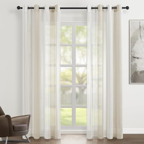 Topfinel Vorhänge mit Ösen Gardinen Weiß +Beige Streifen Vorhang Halbtransparent kurz 140x240 cm Ösenvorhang Dekorieren Moderner Wohnzimmer