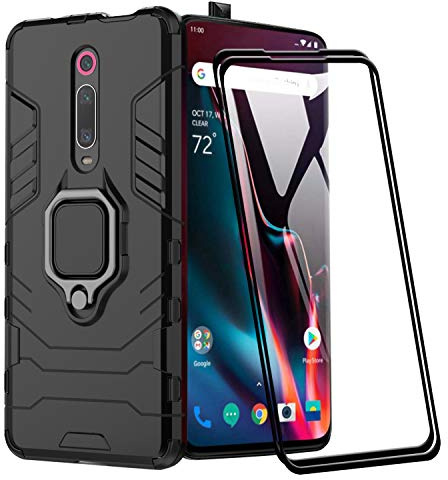 XIFAN Hülle für Xiaomi Mi 9T / Mi 9T Pro [Strapazierfähig] Ring Ständer, [Funktioniert Mit Magnetischer Autohalterung] Case Schutzhülle, Schwarz + 2 Pack Displayschutzfolie