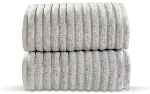 Rapport Home Rapport Ribbed 2 Piece 100% Cotton Towel Set, Silver, Bath Sheet-90 x 140cms