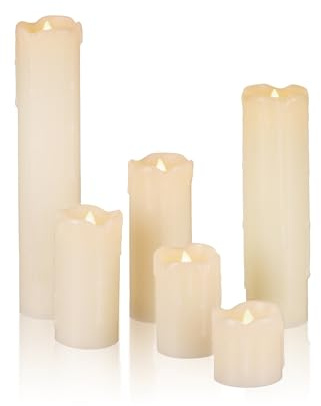 Relaxdays LED Kerzen Set, 6 Echtwachskerzen flammenlos, elektrische Kerzen flackernd, Batterie, Durchmesser 5 cm, Creme
