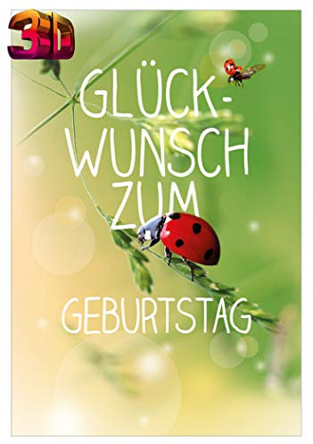 KE - 3D Effekt Geburtstagskarte mit Umschlag, Lustige Klappkarte im DIN B6 Format, Glückwunsch-Karte - Motiv: Marienkäfer