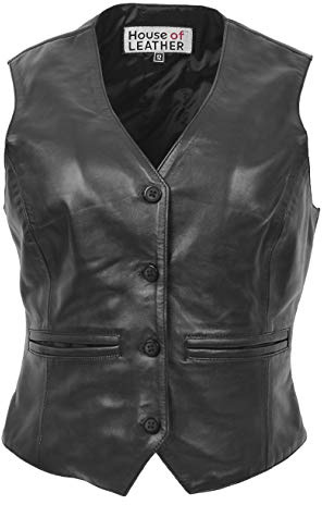 Rita Gilet en cuir véritable pour femme Fermeture à boutons Style traditionnel, Noir , 38