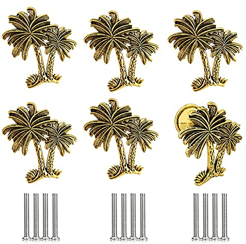 SCRTB Palm Tree Cabinet Knobs 6 Pcs Creative Coconut Tree Handle for Dresser Cupboard Drawer Single Hole Pull Handles Home Parlor Office Decorative (Gold)