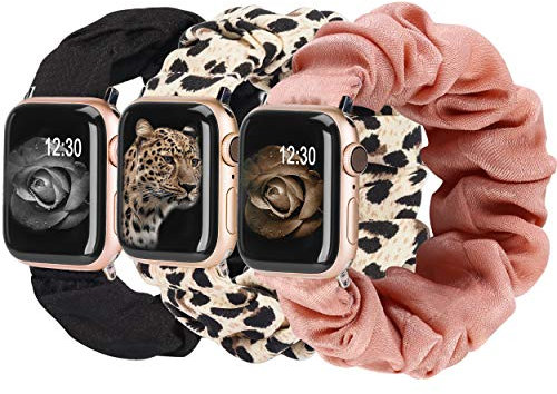 Wearlizer Pack 3 Compatible with Scrunchie Apple Watch Strap 41/40/38/42mm, Cloth Soft Pattern Printed Fabric Replacement Bands for iWatch Series SE 11 10 9 8 7 6 5 4 3 2 1 (Black/Leopard/Pink, S/M)