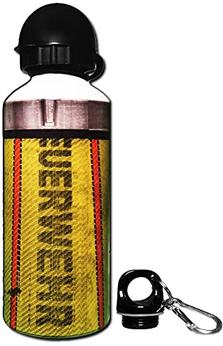 EINSATZGEIL FIREBOTTLE Feuerwehrschlauch gelb | Trinkflasche 600ml mit zwei Verschlüssen & Karabiner | Schlauch-Design bedruckt