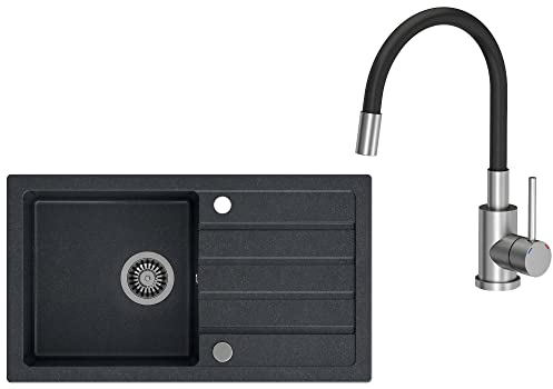VBChome Spülbecken mit Armatur 77 x 44 cm Schwarz Spüle Einzelbecken Küche Einbauspüle Verbundspüle Küchenspüle gesprenkelt flächenbündig Siphon Waschbecken Spültischmischer mit flexiblem Auslauf