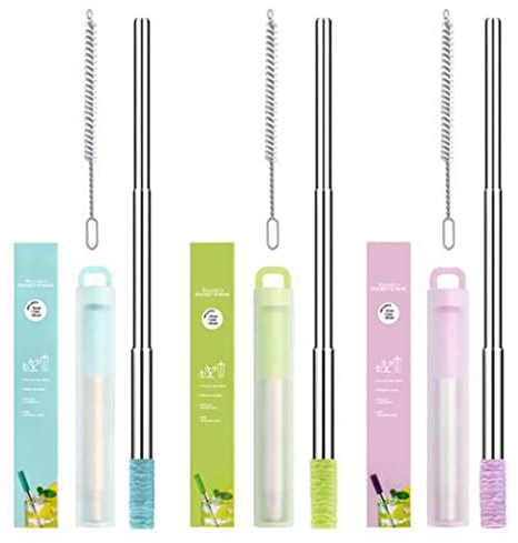 Hoshen Paquete de 3 pajitas de metal plegable reutilizable, para viajes al aire libre, con punta de silicona, cepillo de limpieza y carcasa de cajón de PP (paquete de caja de color), verde/azul/morado