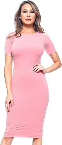 Crazy Girls Womens Cap Sleeve Stretch Bodycon Wiggle Pencil Long Midi Dress 8-22 (ML-UK12/14, Baby Pink Plain)