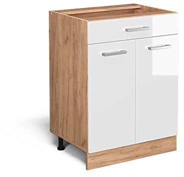 Vicco Küchenunterschrank R-Line, Weiß Hochglanz/Goldkraft Eiche, 60 cm mit Schublade, ohne Arbeitsplatte
