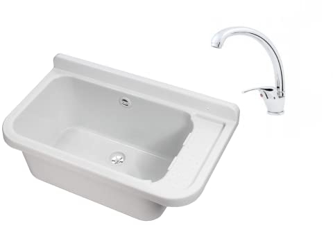 VBChome Ausgussbecken 60 x 35 x 21 cm Spülbecken Waschtrog mit Überlauf Waschbecken für Gewerbe Waschraum Garten inkl. Ablaufgranitur