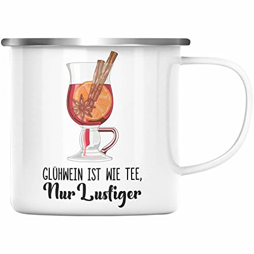 Trendation - Glühwein Emaille Tasse Lustig Spruch Glühweinbecher mit Henkel Doppelwandig GlühweinEmaille Tassen Gläser Weihnachtsmarkt Becher Emaille Tassen Geschenk - Wie Tee Nur Lustiger (Silber)