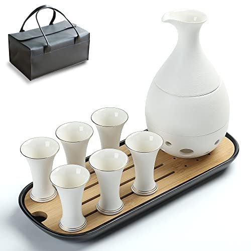 TEANAGOO Juego de Sake japonés, Jarra de Sake (170 ml) con 6 Tazas de Sake (25 m) para el Alcohol japonés Soju Caliente o frío con Servir Bandeja de bambú Juegos de Regalo 10pcs/Set,T5, Saki Set