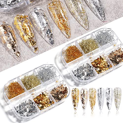 PLATEYTR 2 Boxen Nailart Metallfolie, Nagel Pailletten Glitter 3D Blattgold Nailart Strassstein Farbe Goldfolie für DIY Gesicht Körper Glitzer Nagel Kunst Dekoration