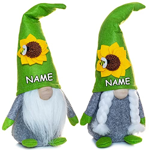 alles-meine.de GmbH 2 Stück lustige Wichtel/Zwerge je 33 cm groß grün - mit Sonnenblume & Biene - inkl. Name - für Sommer & Winter - Weihnachten - Plüschtier/Kantenhoc..