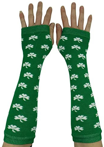 AUSUAYA Gestreifte Handschuhe, lang, fingerlos, gestrickte Armstulpen für den Winter, für Punk, Rock und Cosplay, Gothic, Halloween-Party, GB-WM-S-G5, Grüne Blätter, One size