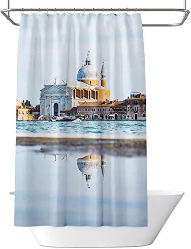 Dsnyu Rideau Douche Transparent Epais, Immeuble Bord de Mer Rideau de Douche Colorée avec 12 Crochets, 200x180CM Polyester Rideaux de Douche Polyester