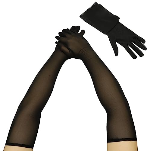 Amissz Damen Lange Tüll Handschuhe,Nahtlose Handschuhe Schwarz Ellenbogen Opern Nylon Durchsichtig Frauen Hochzeit Abend Party Cocktail Ball