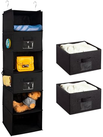BrilliantJo Hanging Wardrobe Organiser 6 Shelves with 2 Removable Drawers Closet Storage, hanging Shelves Unit with 4 Pockets for Clothes - Black(12x 12 x 43.3 inch)