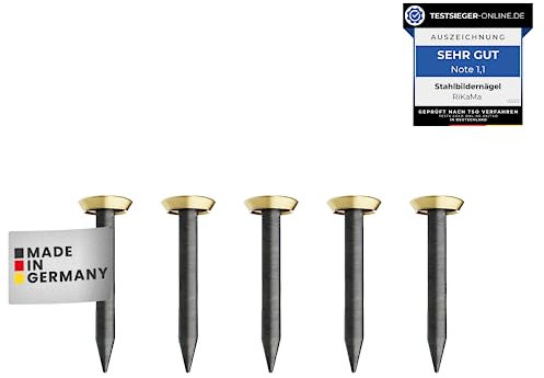 RIKAMA® – 100 Bildernägel – Stahlnägel für den Einsatz auf Beton, Ziegelstein, Putz & Holz – Nägel aus gehärtetem Stahl als Bilder Aufhängung – Made in Europe (Goldener Kopf, 20 mm)