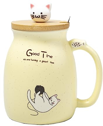 lachineuse - Taza de gato Kawai – AMARILLO – Capacidad: 450 ml – Con tapa y cuchara