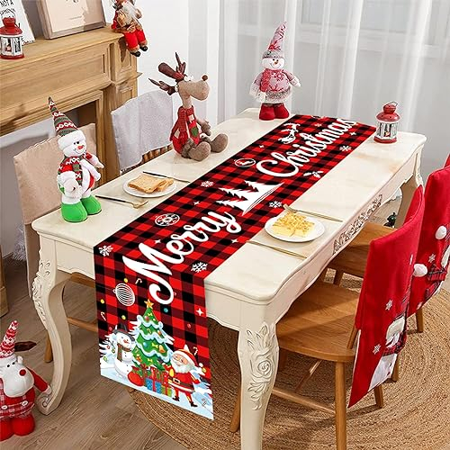 Tischläufer Weihnachten Rot Merry Christmas Tischläufer Xmas Tischdecke mit Weihnachtsmann Weihnachtsbaum Schneemann Lang Tischtuch Tischband Esstisch Tischdeko für Neujahr Winter Urlaub, 180x35cm
