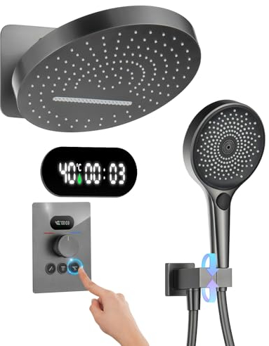 Columna Ducha Termostática Gris Pistola Sistema de Ducha Empotrado Conjunto de Ducha con LED Pantalla Digital, 32CM Alcachofa de Ducha Cascada y lluvia Redondo, 3 Funciones de Fucha de Mano, Latón