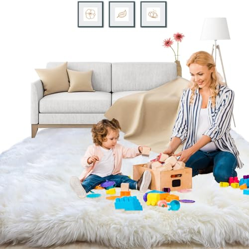 Woolous Große Schaffellmatte 200 x 200 cm, Echtes Neuseeland Schaffell Woll Matratzenauflage oder Weicher Flauschiger Elfenbeinfarbener Hochflorteppich für Schlafzimmer, Wohnzimmer