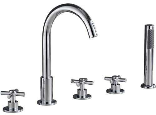 Badewannenarmatur Wannenrand 5-Loch Wannenrandarmatur Wannenrand Badewanne Armatur Set Multifunktions Badewannen-Armatur Wannenrandkombination Für Badezimmer,Silber