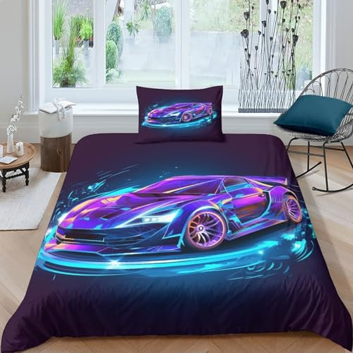 CGLTD Sportwagen 3D Bettwäsche Set 2 Teilig Rennwagen Bettbezüge Mit Reißverschluss Mikrofaser Bettbezug Set Mit Kissenbezug Für Kinder Erwachsene Single(135x200cm)