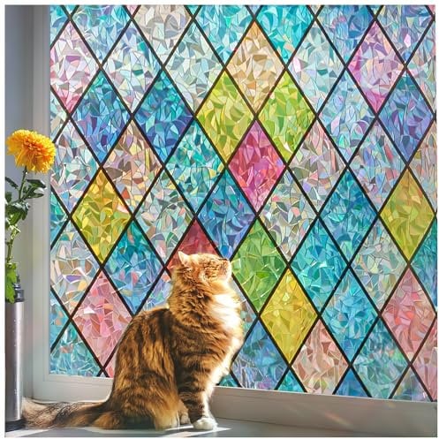 Beautysaid Rainbow Window Film Privacy: Stained Glass Self Adhesive, No-Glue Frosted Window Tint, Static Cling，UV Window Film Home (Multicolor, 90x200cm）