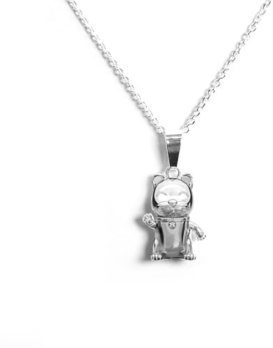 Winkekatze Kette Silber 925, Glückskatze Kette mit Anhänger, Maneki Neko Katze Schmuck, Neues Jahr Glücksbringer Geschenk für Frauen (Weite Gliederkette 45 cm)