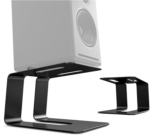 Supports Haut-Parleurs de Bureau en Métal, Conception Inclinée 5° pour Optimal Son,Robuste, Anti-Vibrations, Elevate Your Audio Experience,Pieds en Silicone - Compatible Enceintes Standard - Noir